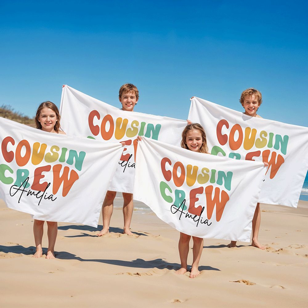 Personalized Name Cousin Crew Beach Towel, Perfect for Family Outings