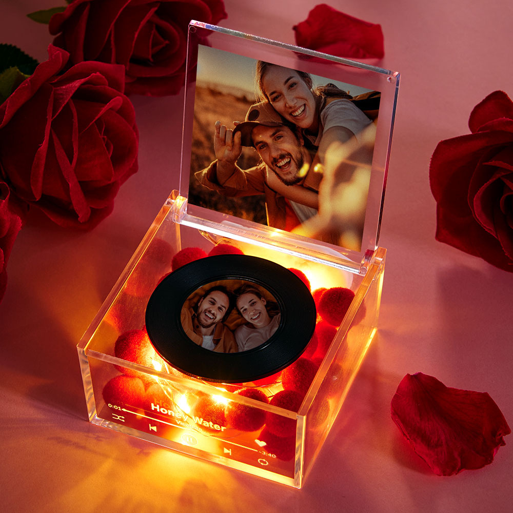 Premium Mini Music Record Auto-Music Player Custom Photo with Light Personalized Music Acrylic Box - auphotoblanket