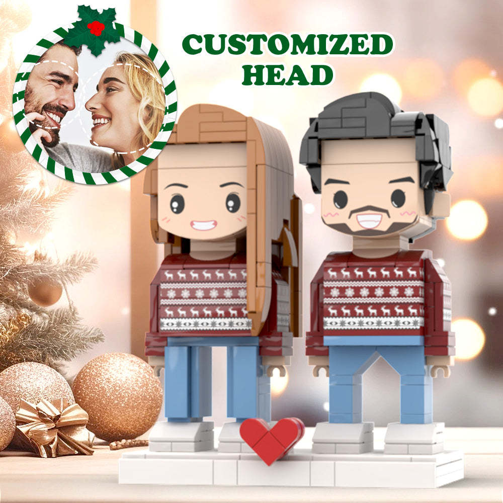 Ugly Christmas Matching Couple Reindeer Sweater Custom Face Brick Figures Customizable Head 2 People Custom Brick Figures - auphotoblanket