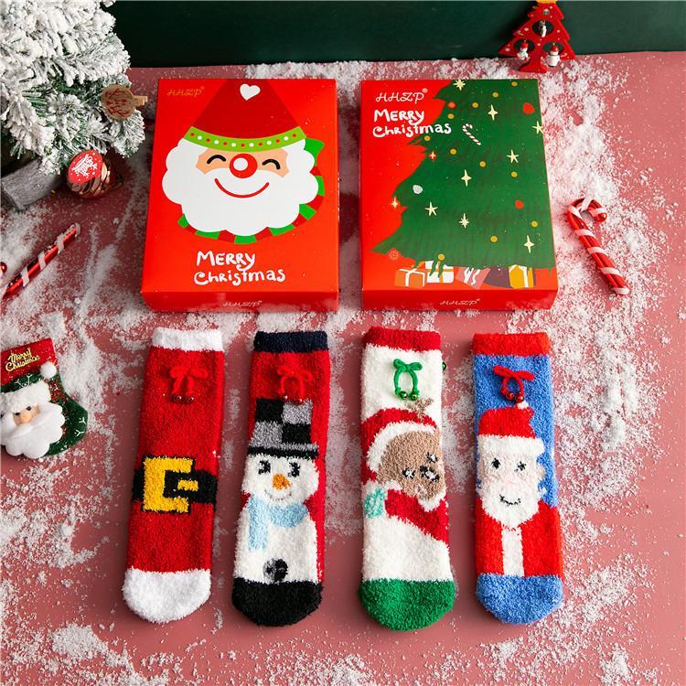 Christmas Jingle Bell Plush Socks Colorful Warm Xmas Fuzzy Socks Fluffy Bed Socks for Adult & Kids - 4 Pairs