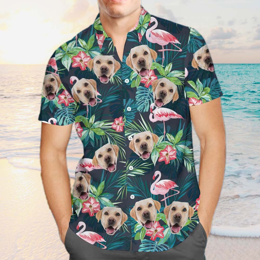 Face on Shirts Custom Hawaiian Shirt with Face Leaves & Flamingo Button Down Shirts - auphotoblanket