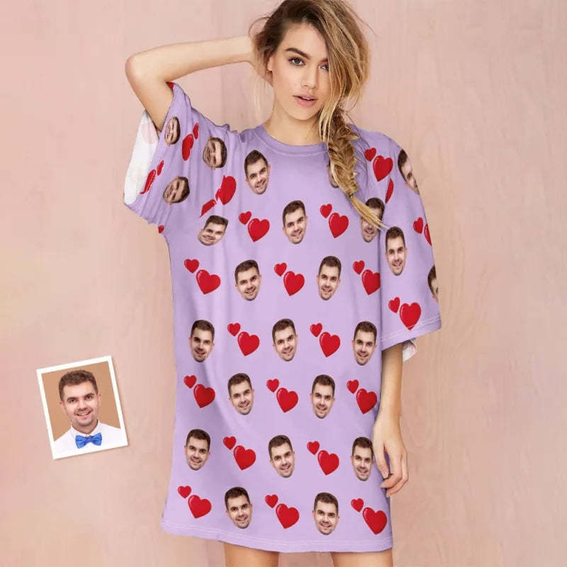 Custom Photo Face Nightdress Personalized Women's Oversized Nightshirt Heart Design Gifts - auphotoblanket