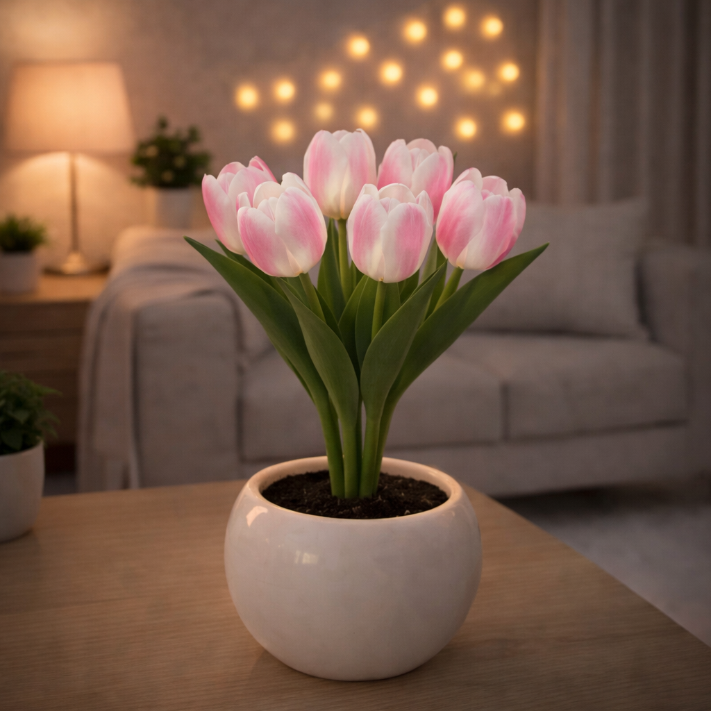 Contemporary Creative Tulip Flower Ceramic PU USB LED Table Lamp For Bedroom - auphotoblanket