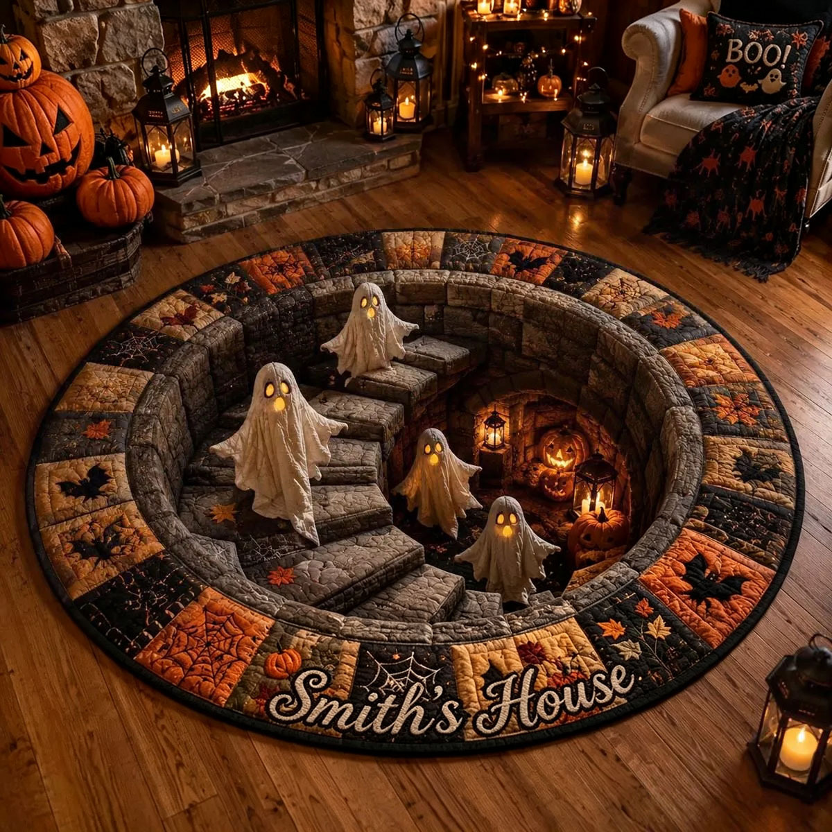 Halloween Round Rug – Spooky Area Rug with Pumpkin, Ghost & Skeleton Designs, Indoor Halloween Home Decor - auphotoblanket