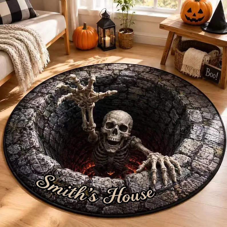 Halloween Round Rug – Spooky Area Rug with Pumpkin, Ghost & Skeleton Designs, Indoor Halloween Home Decor - auphotoblanket