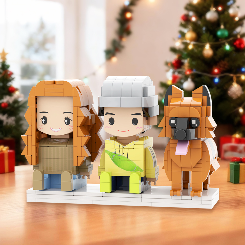 Personalized Full Body 2 People with Dog Brick Figures Custom Sitting Brick Figures - auphotoblanket