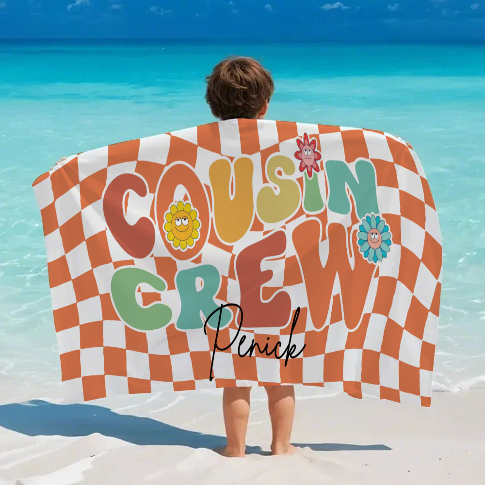 Personalised Cousin Crew Plaid Design Oversized Quick Dry Beach Towel with Name Birthday Summer Vacation Accessory Gift for Kids - auphotoblanket
