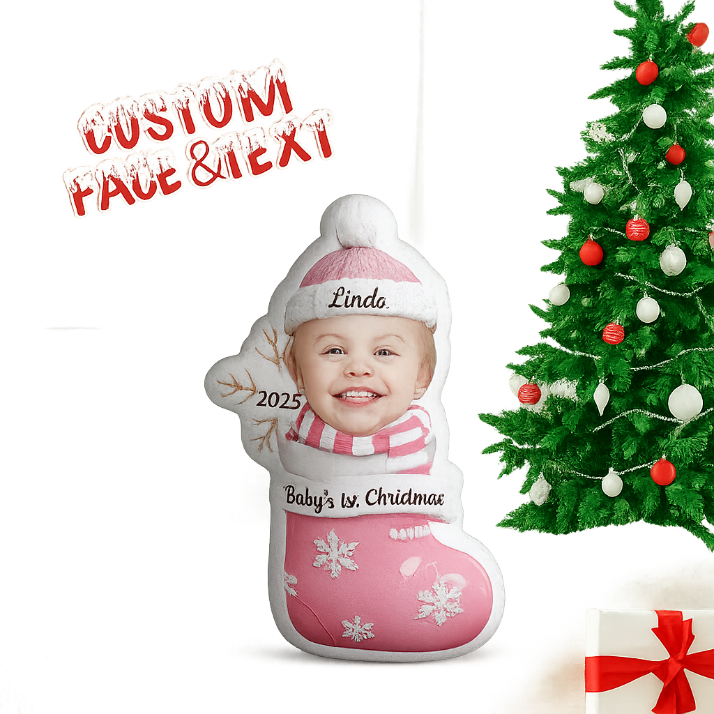 Custom Face Cute Baby 1st Christmas Socks Pillow, Personalized Portrait & Name - auphotoblanket