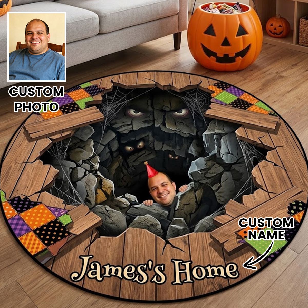 Halloween Round Rug – Spooky Area Rug with Pumpkin, Ghost & Skeleton Designs, Indoor Halloween Home Decor - auphotoblanket