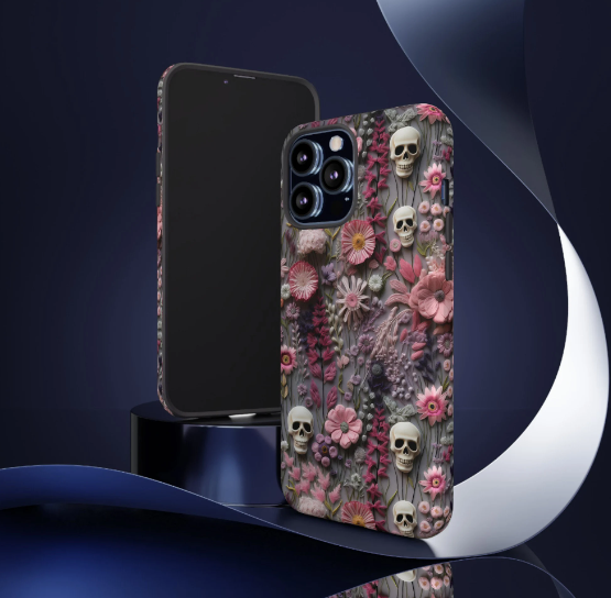 Embroidered Look Floral Skulls Phone Case | Faux Embroidery Dark Academia Skeleton Phone Cover For iPhone | Google Pixel | Samsung Galaxy
