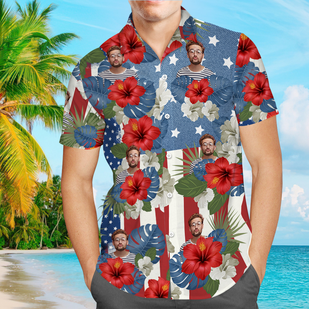 Custom Photo American Flag Hawaiian Shirt Tropical Independence Day Gift Shirt - auphotoblanket