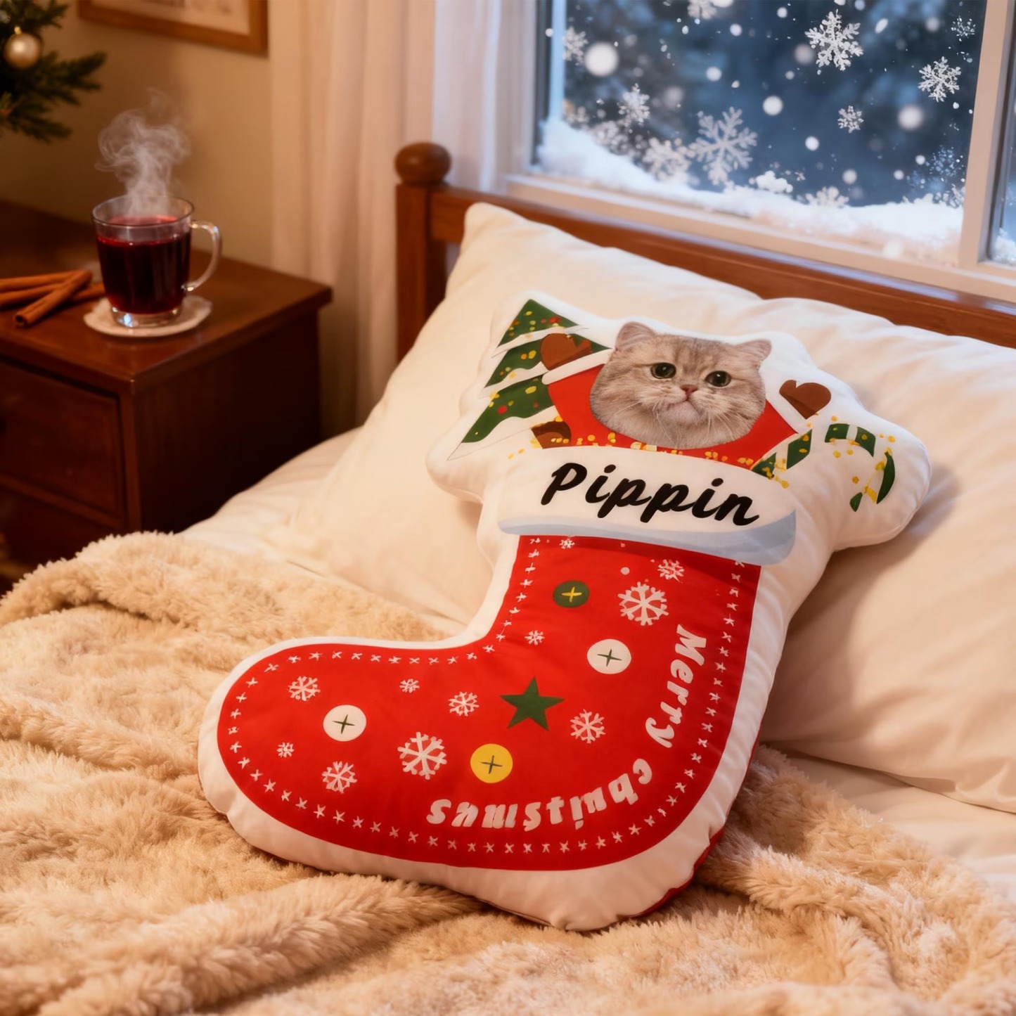 Custom Pet Christmas Stocking Pillow, Personalized Portrait & Name, Pet Face Cushion - auphotoblanket