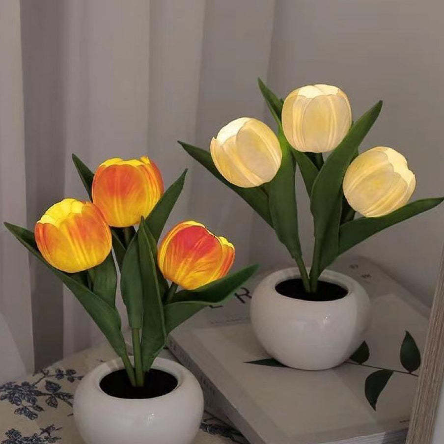 Contemporary Creative Tulip Flower Ceramic PU USB LED Table Lamp For Bedroom - auphotoblanket