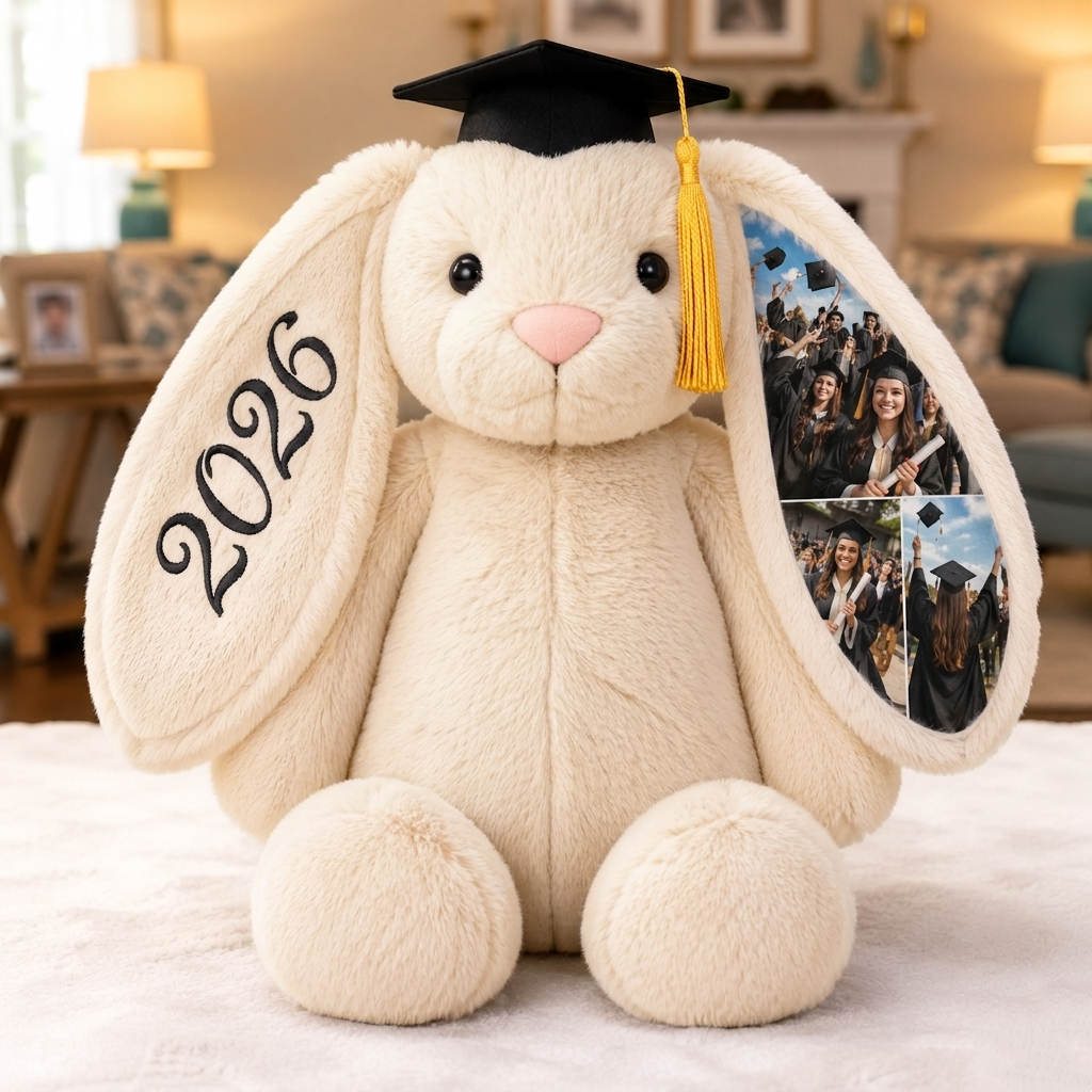Custom Photo Bunny Plush, Personalized Hidden Ear Memory Bunny with Graduation Cap, Class of 2026 Gift - auphotoblanket