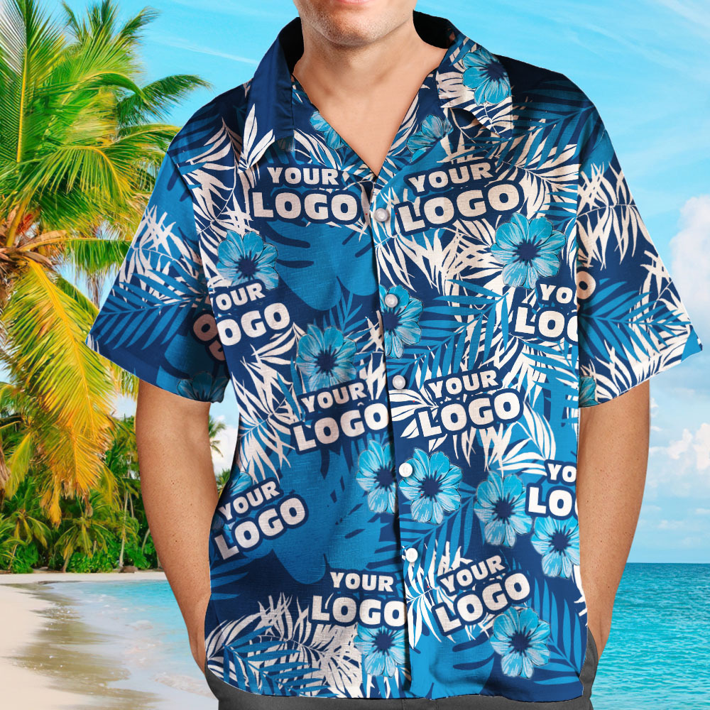 Custom Logo Hawaiian Shirts Flowers and Leaves Design Personalized Aloha Beach Shirt For Men - auphotoblanket