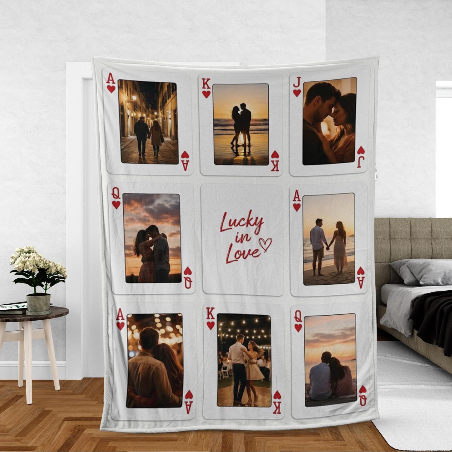 Personalized Playing Cards Fleece Blanket: Custom Photo Red Rose Valentine's Day Anniversary Gift - auphotoblanket