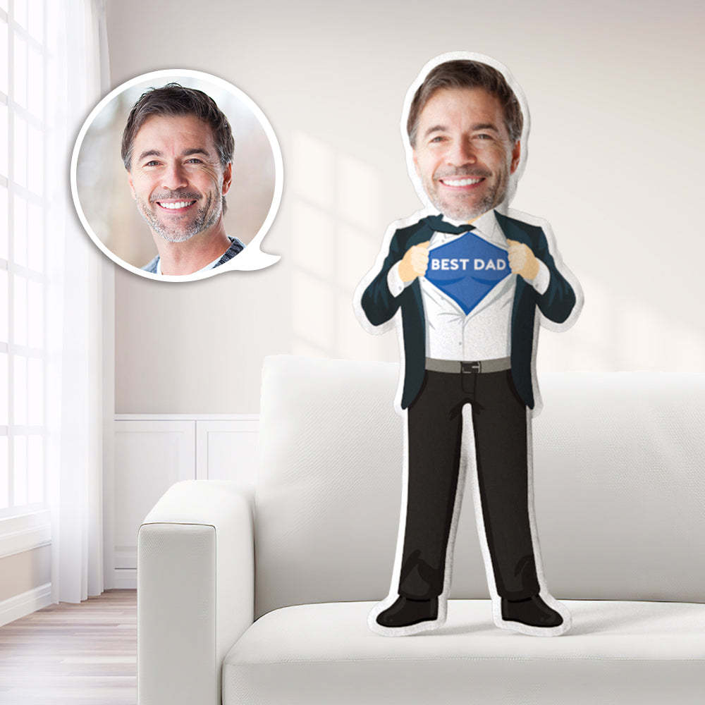 Best Dad Black Suit Personalized Photo Face Pillows Custom Minime Dolls Stuffed Toy with Your Face Superhero Gifts Minime Pillows - auphotoblanket