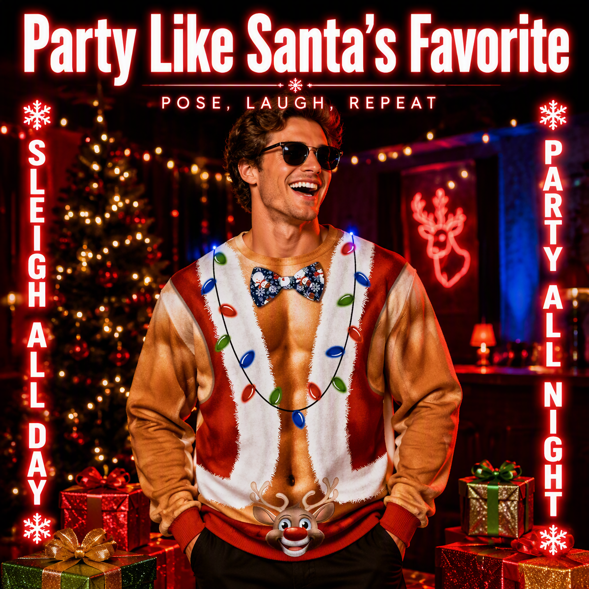 Funny Ripped Santa Muscle Abs Ugly Christmas Sweater – 3D Printed Christmas Lights & Reindeer Bowtie Sweatshirt, Novelty Holiday Party Outfit - auphotoblanket
