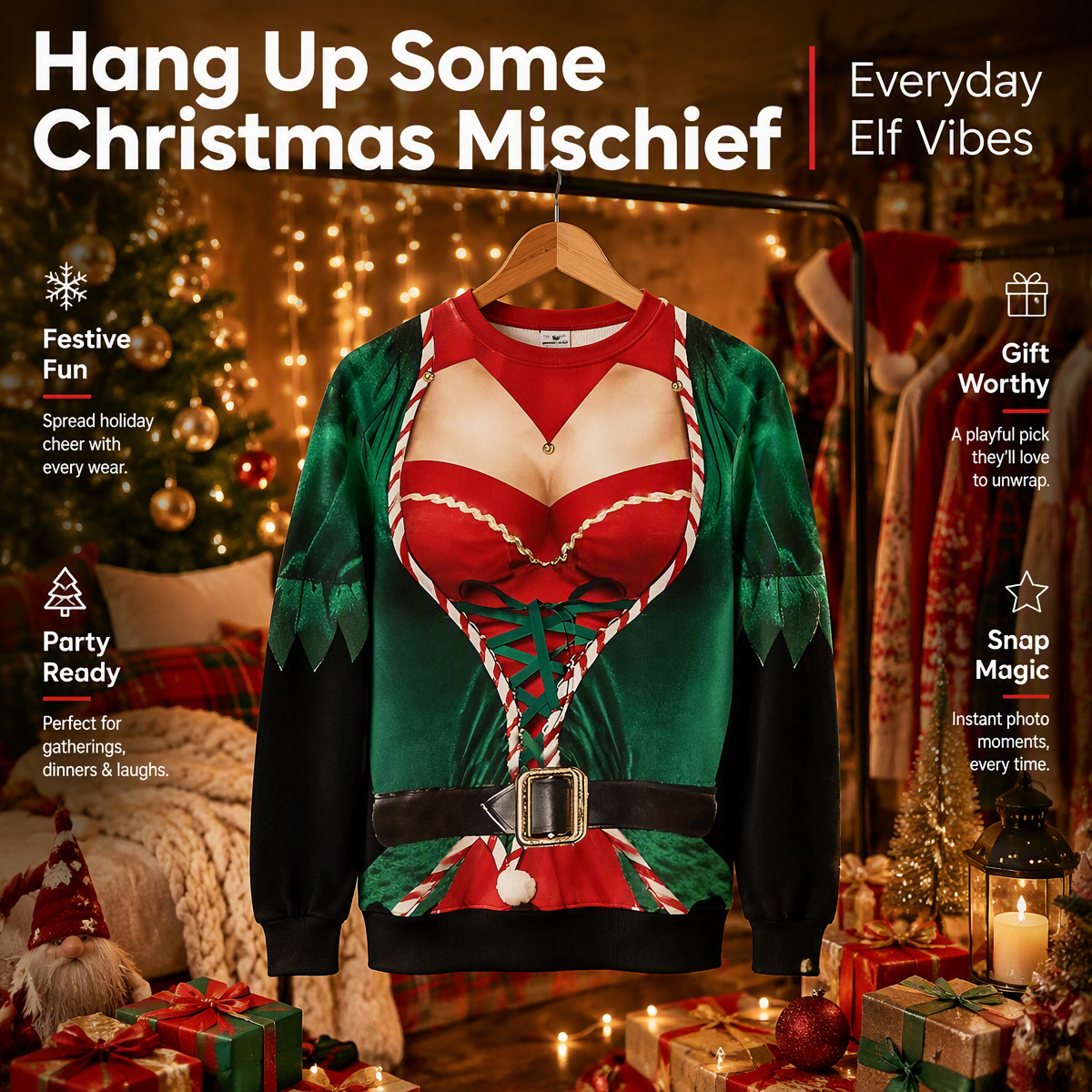Funny Ripped Santa Muscle Abs Ugly Christmas Sweater – 3D Printed Christmas Lights & Reindeer Bowtie Sweatshirt, Novelty Holiday Party Outfit - auphotoblanket