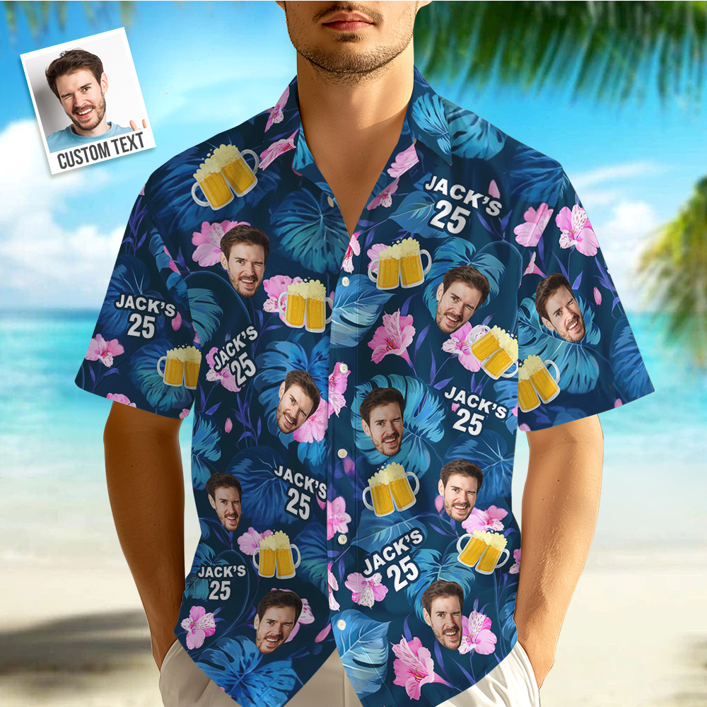 Custom Birthday Tropical Plants & Beer Hawaiian Shirts Personalized Face Shirts With Age & Name - auphotoblanket