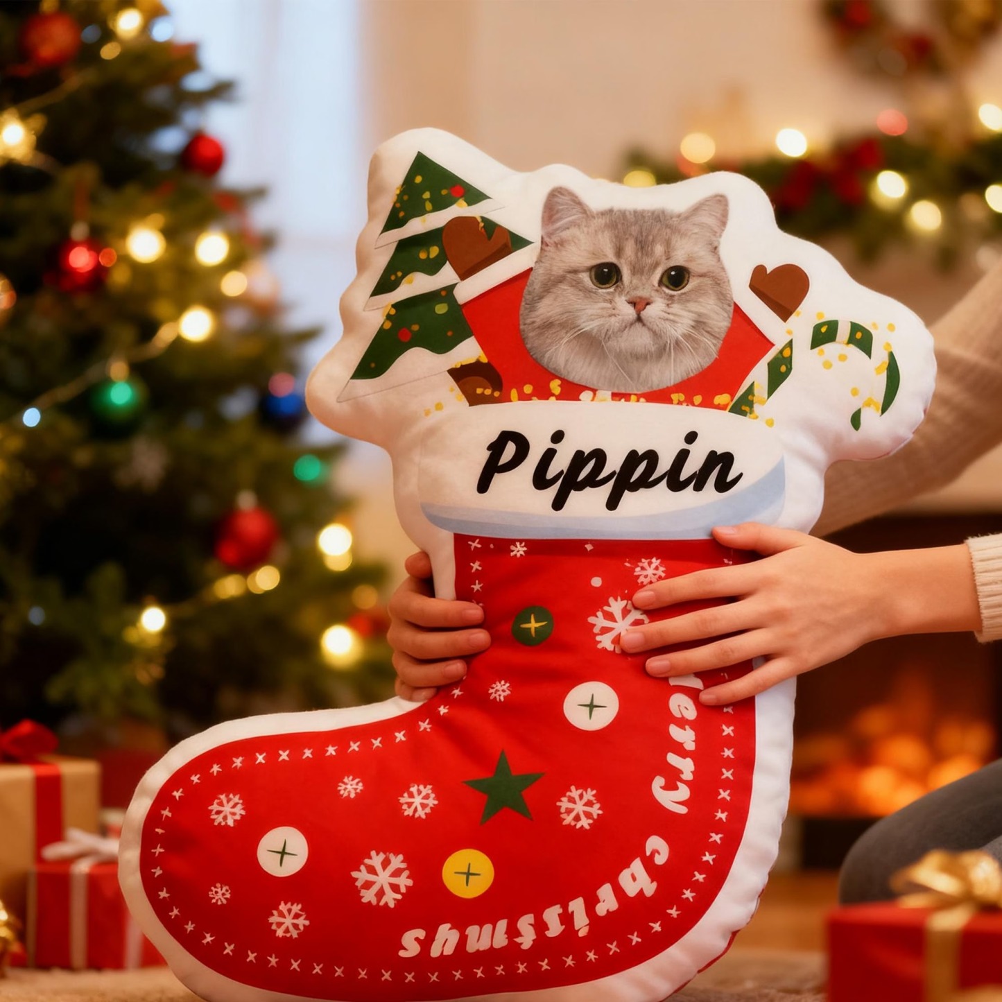 Custom Pet Christmas Stocking Pillow, Personalized Portrait & Name, Pet Face Cushion - auphotoblanket