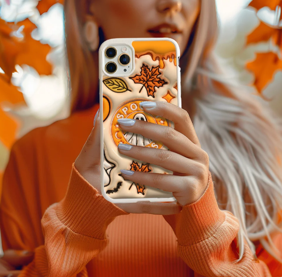 Spooky Vibes Ghost Phone Case with Autumn Leaves and Spooky Sign Design, iPhone, Pixel, Samsung