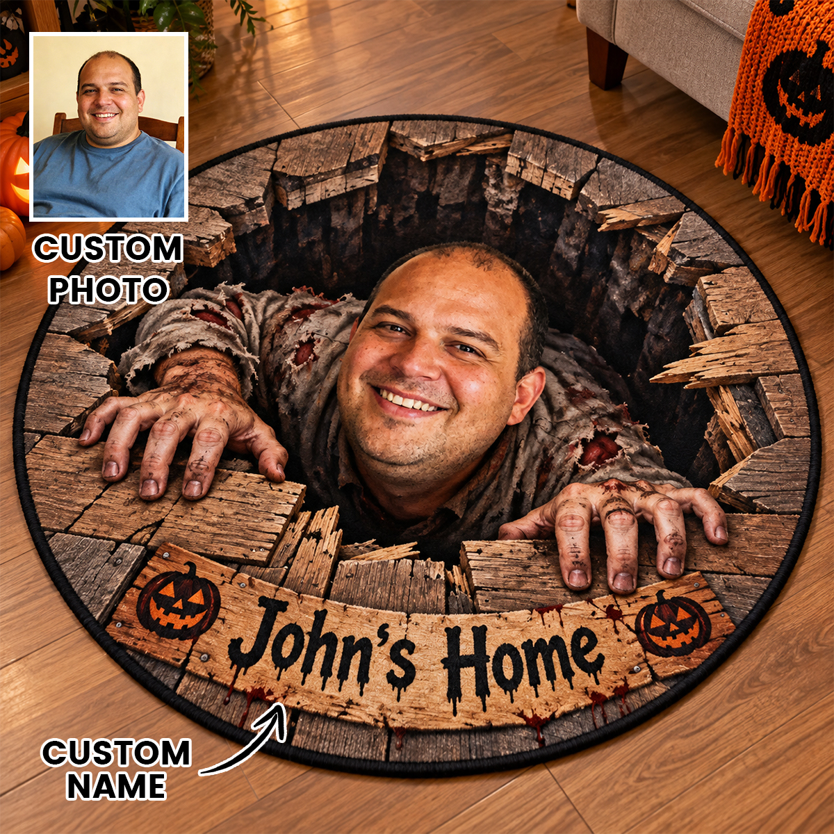Halloween Round Rug – Spooky Area Rug with Pumpkin, Ghost & Skeleton Designs, Indoor Halloween Home Decor - auphotoblanket