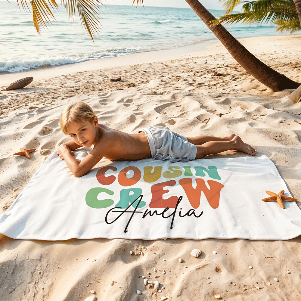 Personalized Name Cousin Crew Beach Towel, Perfect for Family Outings