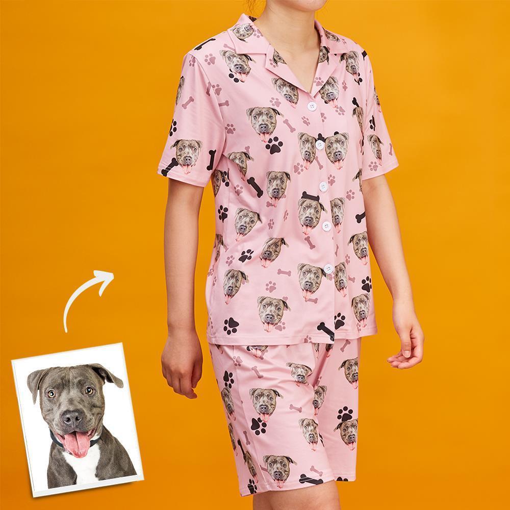 Christmas Gifts Custom Pajamas with Dog Face Bones And Footprints Short Sleeved Pajamas - auphotoblanket