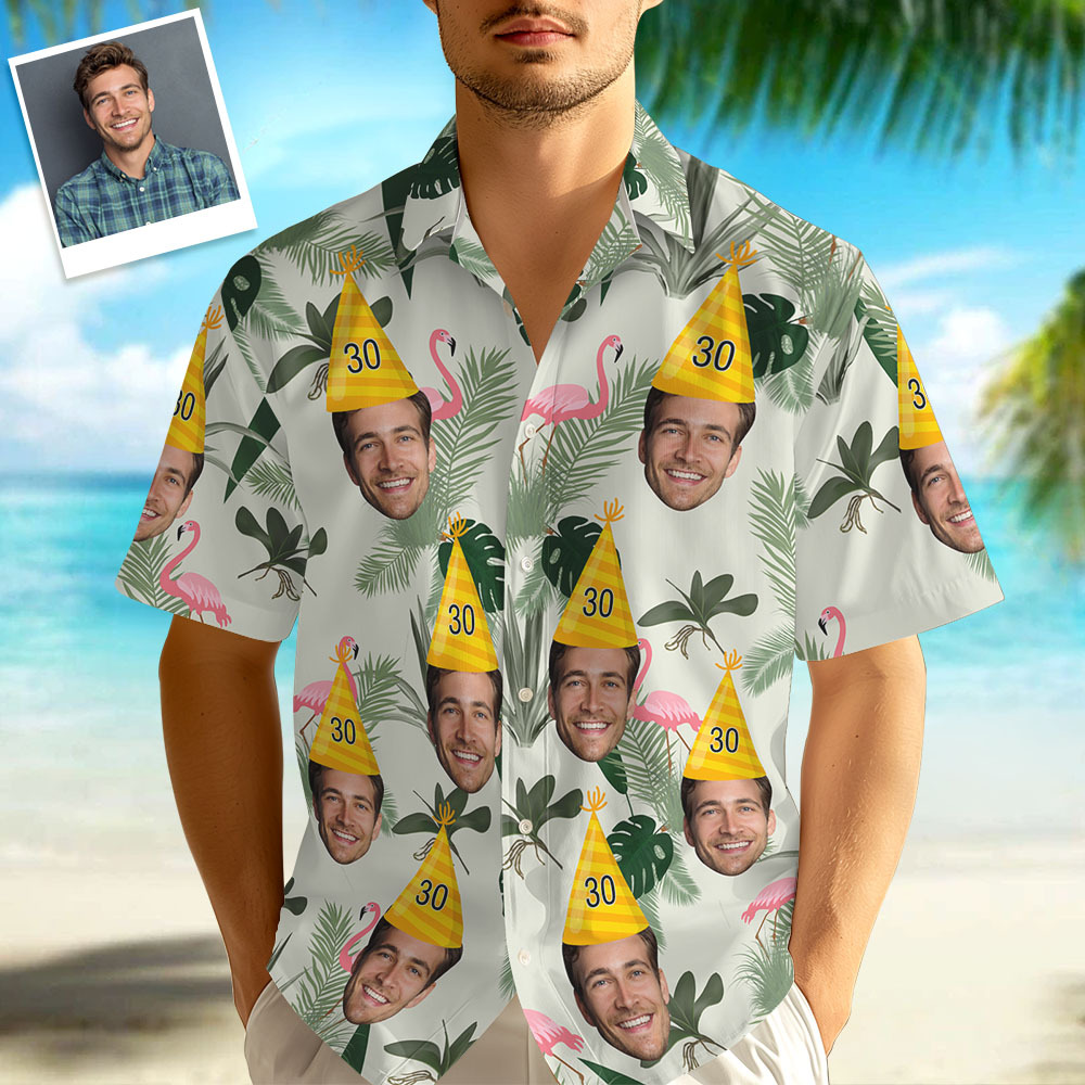 Custom Hawaiian Shirt for Birthday Personalize Flamingo Leaves Shirt Picture Print Shirts Gift for Birthday Party Gift - auphotoblanket