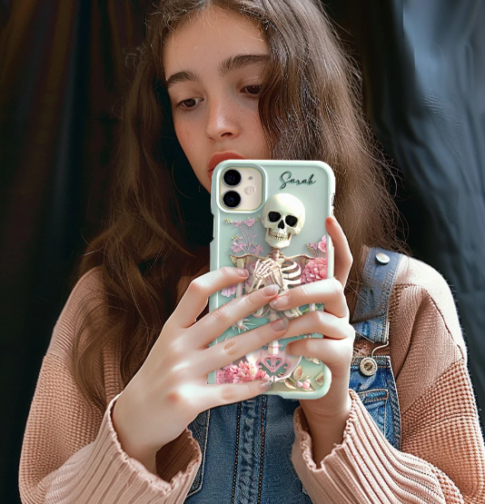 Personalized Name Pink Floral Skull Phone Case, Embroidered Look Floral Charm Phone Cover, Halloween Cottagecore, iPhone, Pixel, Samsung