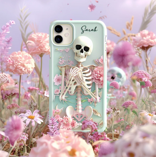Personalized Name Pink Floral Skull Phone Case, Embroidered Look Floral Charm Phone Cover, Halloween Cottagecore, iPhone, Pixel, Samsung