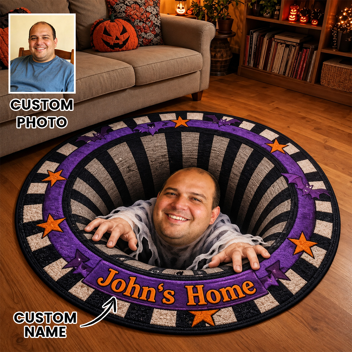 Halloween Round Rug – Spooky Area Rug with Pumpkin, Ghost & Skeleton Designs, Indoor Halloween Home Decor - auphotoblanket