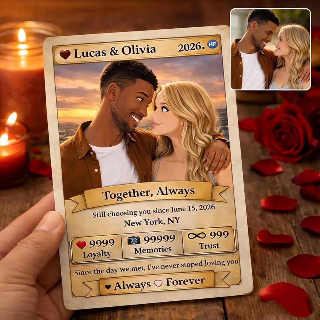 Personalized Valentine’s Day Power Couple Card, Custom Anniversary Card Couple Photo Anime Style, Best Valentine's Day Gift for Lover - auphotoblanket