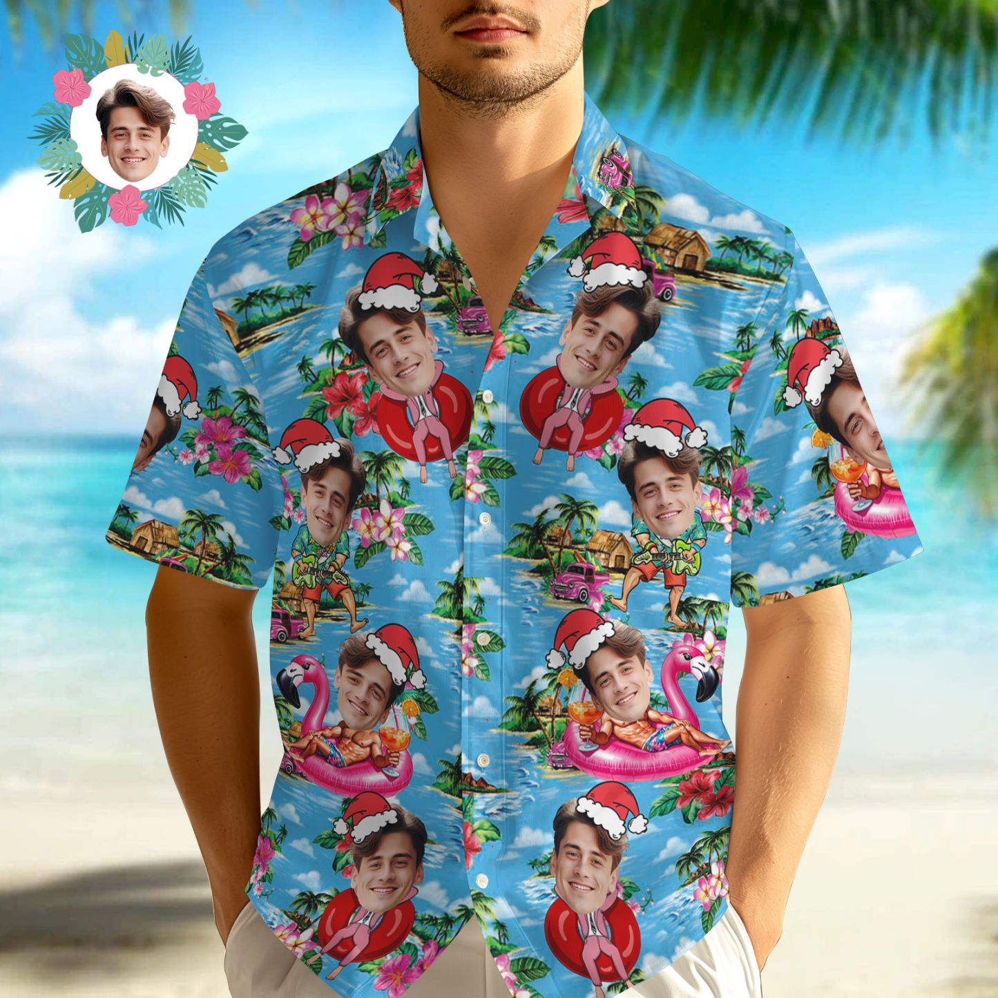 Custom Christmas Face Button-down Shirts Custom Face  Beach Hawaiian Shirts Gifts For Him - auphotoblanket
