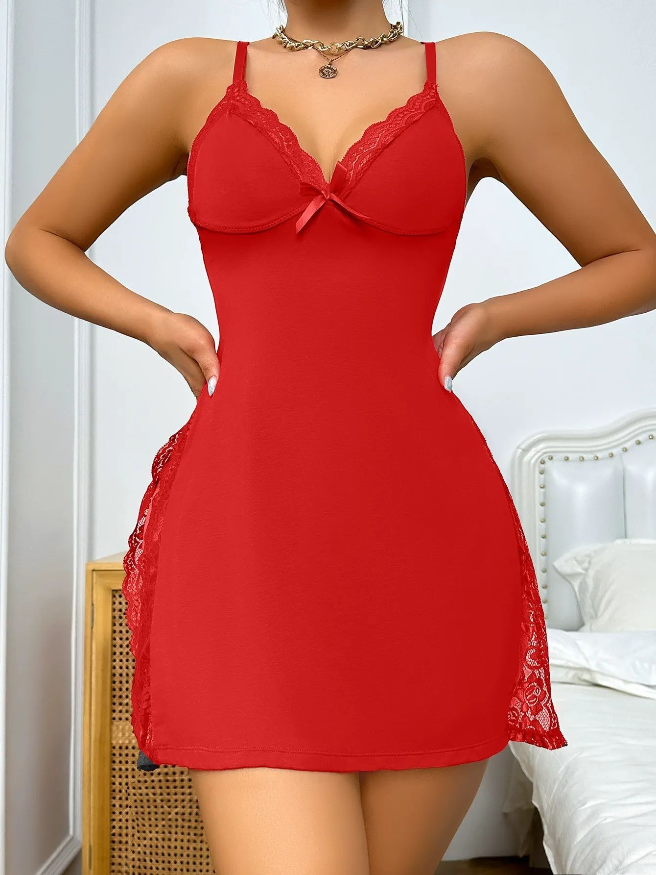 Women’s Lace Trim Modal Nightgown with Side Slit – Sexy Cami Sleep Dress, Cozy Nightwear – Ideal Valentine’s Day Gift - auphotoblanket