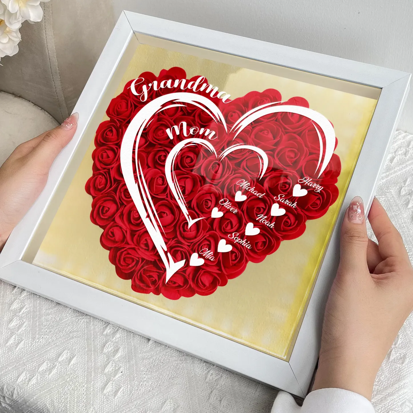 Mom Grandma Hearts Custom Kids' Names - Personalised Flower Shadow Box With LED Light