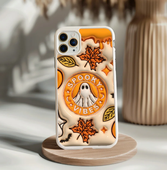 Spooky Vibes Ghost Phone Case with Autumn Leaves and Spooky Sign Design, iPhone, Pixel, Samsung
