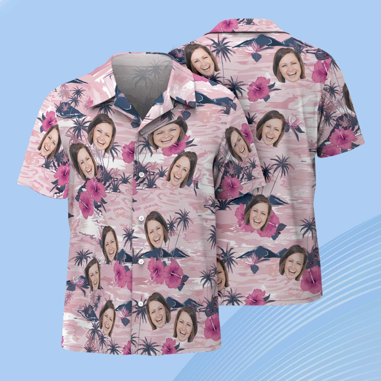 Custom Face Pink Flower Hawaiian Shirt Personalized Pink Flamingo Pattern Hawaiian Shirt Gift For Him - auphotoblanket