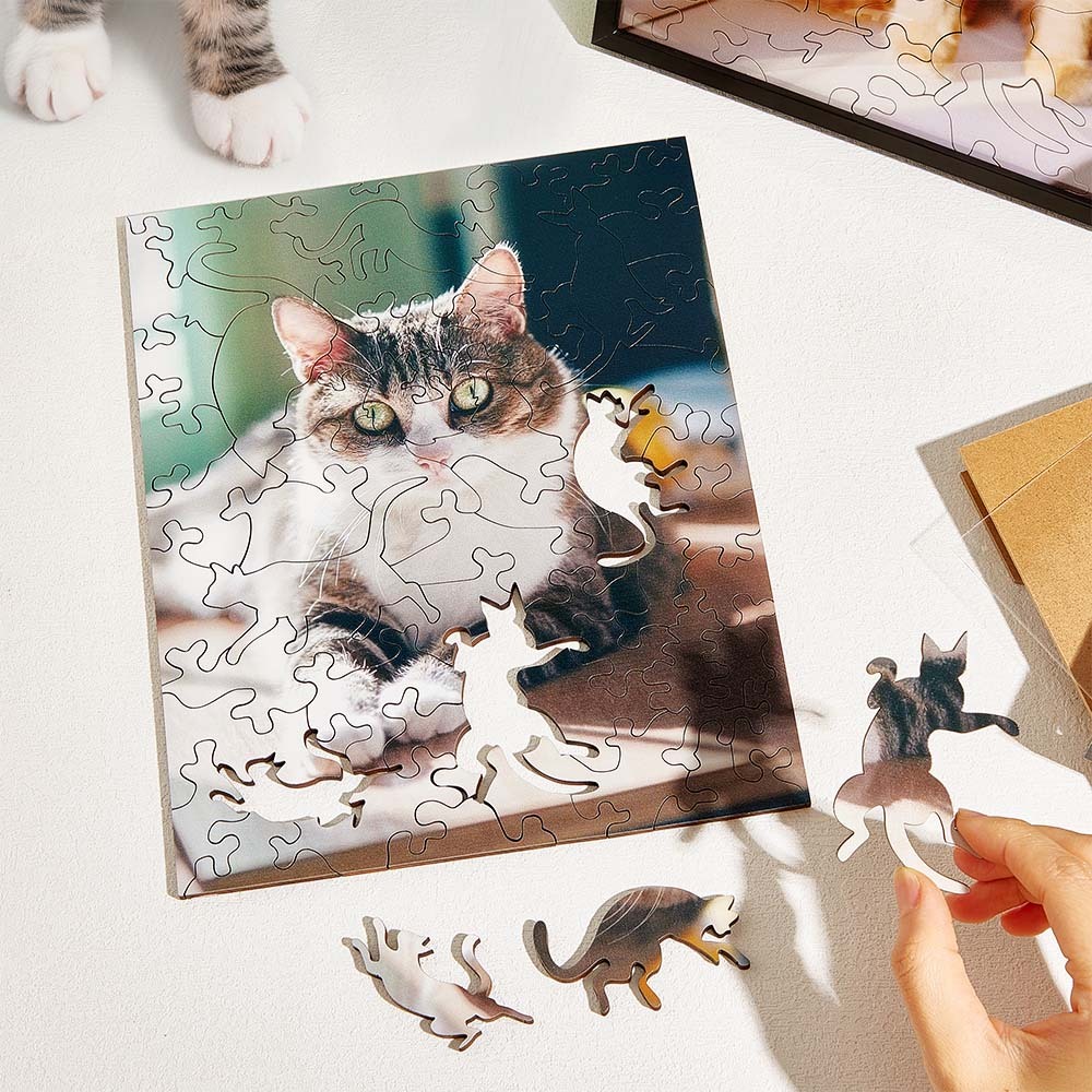 Custom Cat Photo Puzzle Frame Personalized Wooden Cat Shaped Jigsaw Be