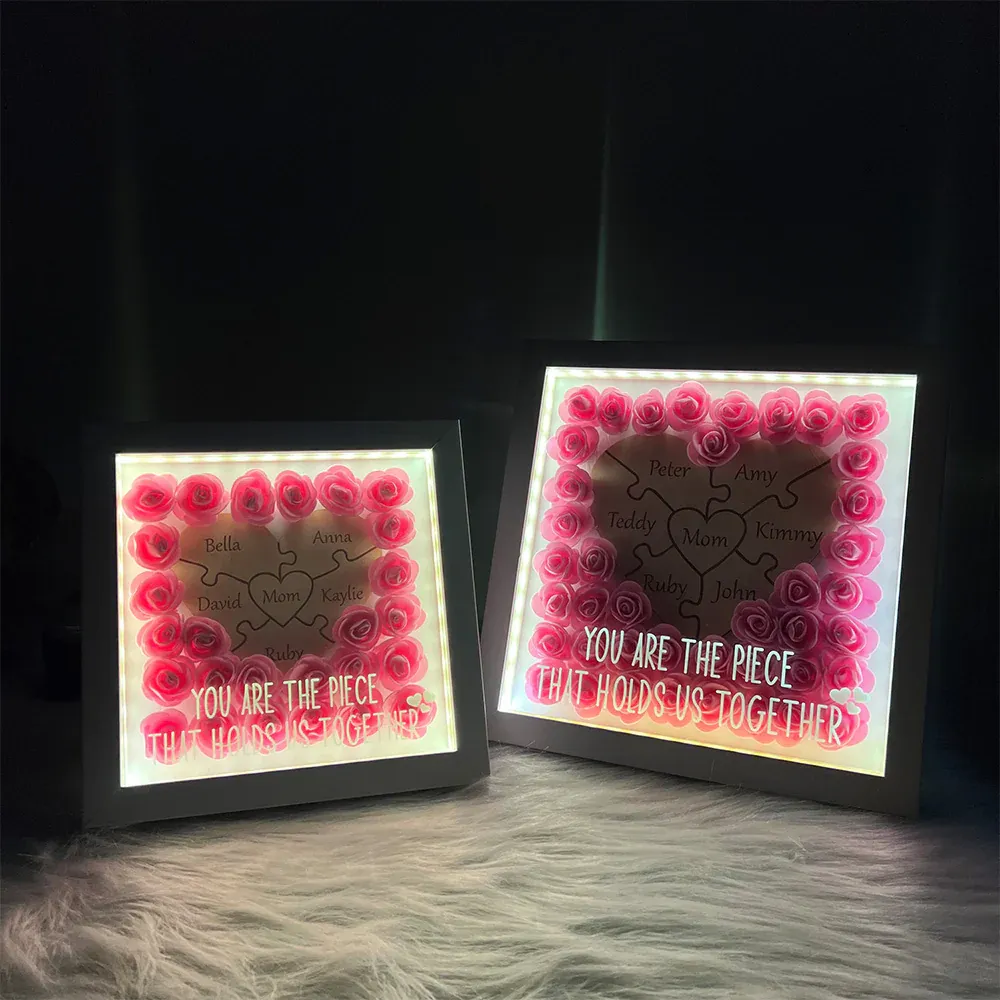 Personalised Puzzle Piece Mom Heart Shaped Flower Shadow LED Box - auphotoblanket