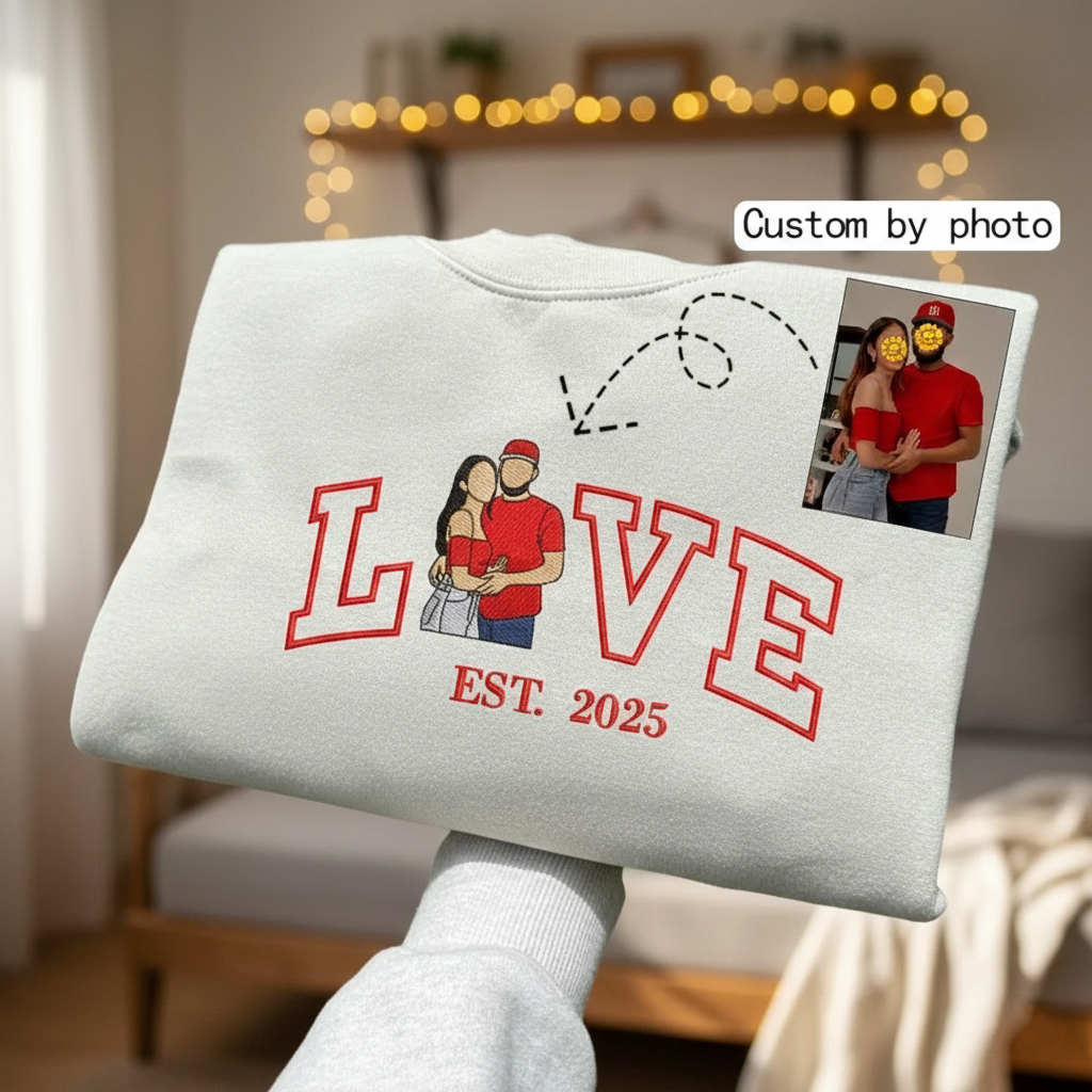 Personalized Embroidered Photo Couple LOVE Est Year Sweatshirt/Hoodie - auphotoblanket
