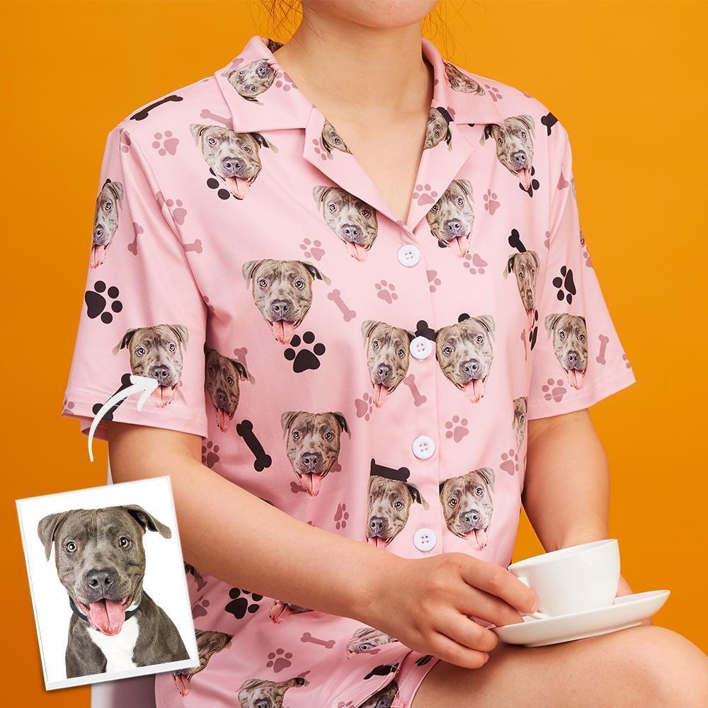 Christmas Gifts Custom Pajamas with Dog Face Bones And Footprints Short Sleeved Pajamas - auphotoblanket