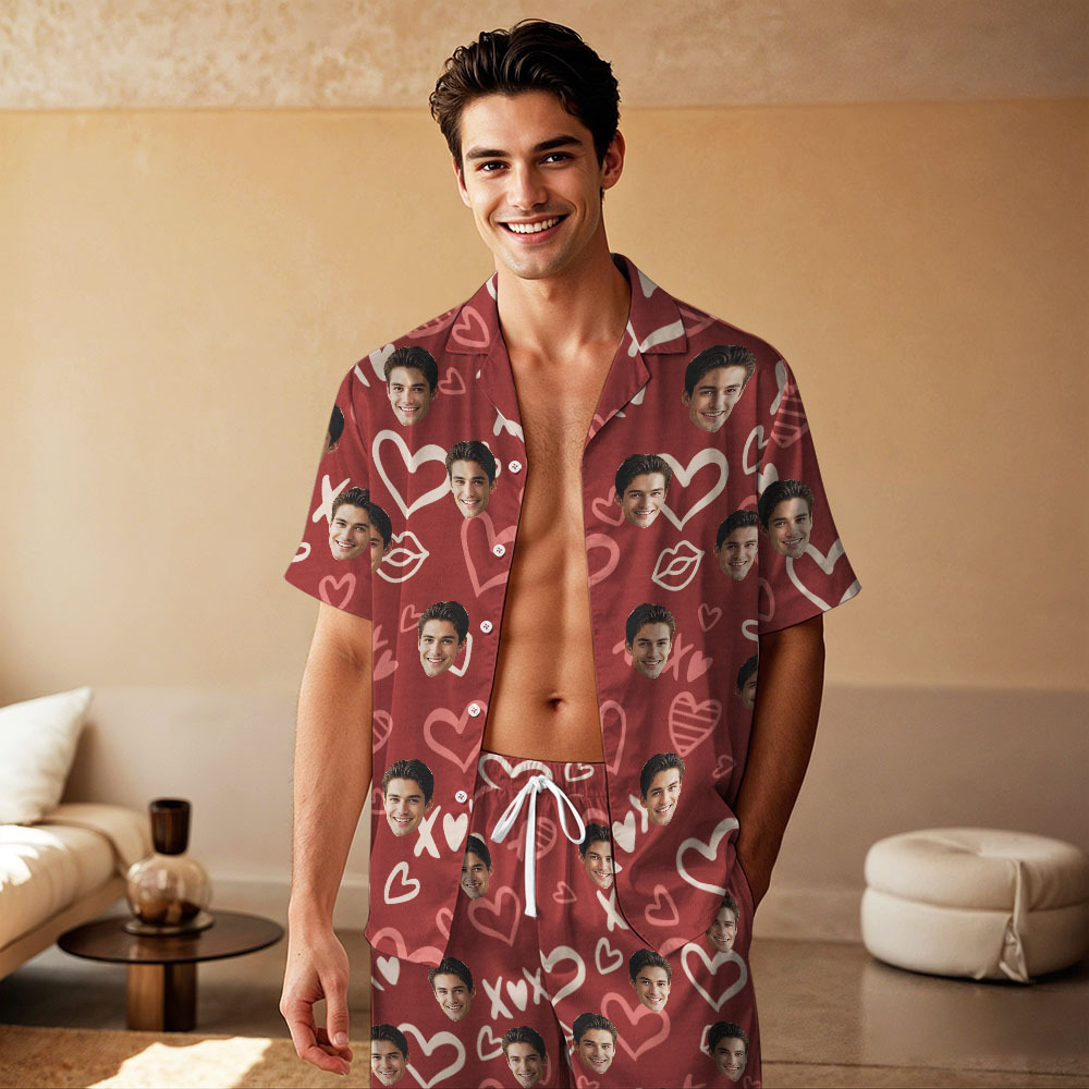 Custom Face Short Sleeve Pajamas Personalized Couple Pajama Heart Sleepwear - auphotoblanket