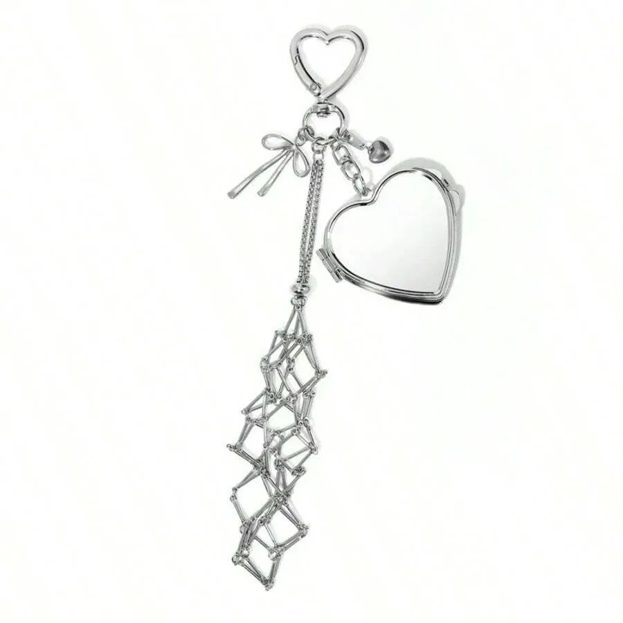 Metal Lipstick Holder Bag Charm Heart & Star Decor Lipstick Case Keychain With Mini Mirror Bag Pendant For Handbags - auphotoblanket