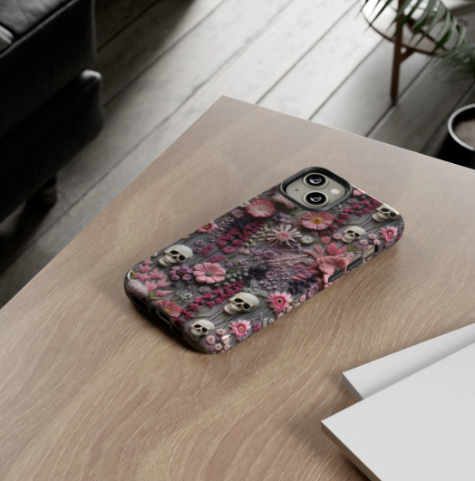 Embroidered Look Floral Skulls Phone Case | Faux Embroidery Dark Academia Skeleton Phone Cover For iPhone | Google Pixel | Samsung Galaxy