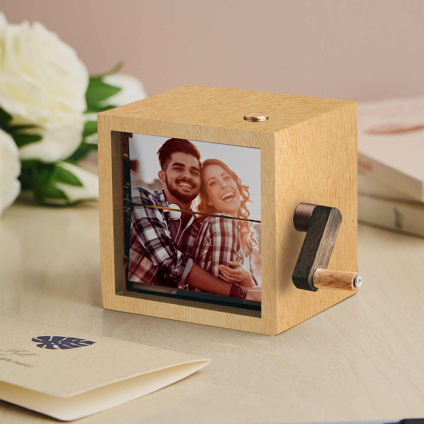 Custom Black Walnut Baby Photo Flipbook Box Personalize Hand-Cranked LED Light Frame Creative Present Idea - auphotoblanket