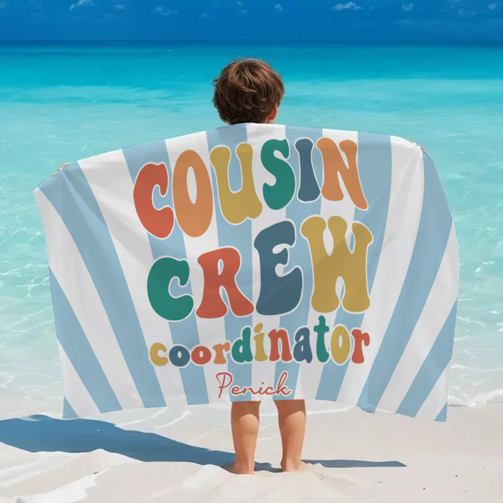 Personalized Cousin Beach Towel, Kids Custom Name Pool Towel, Cousin Vacation Crew Gift, Cousin Family Reunion Gift - auphotoblanket