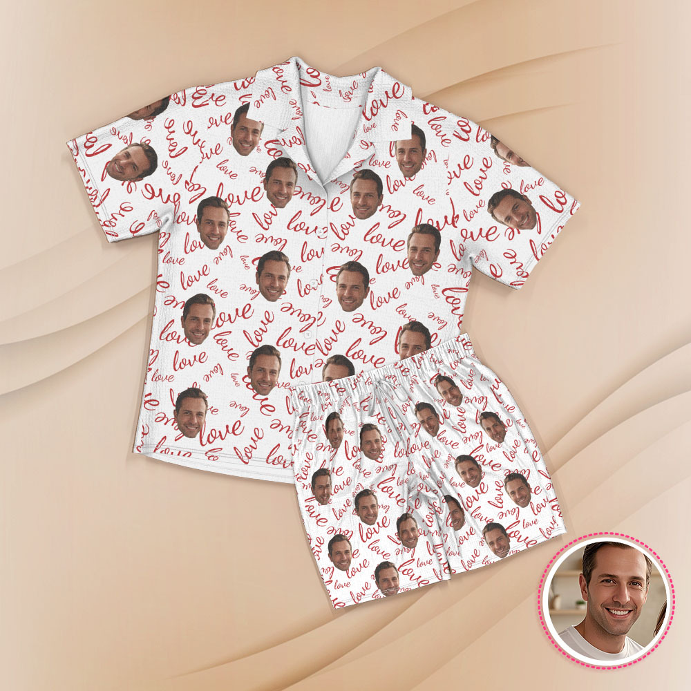 Custom Face Short Sleeve Pajamas Personalized Couple Pajama Heart Sleepwear - auphotoblanket