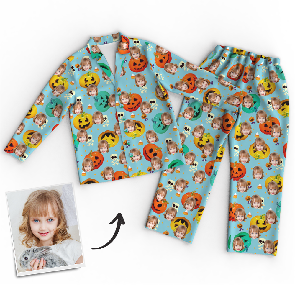 Custom Face Pumpkin Skeleton Pajamas Halloween For Children - auphotoblanket